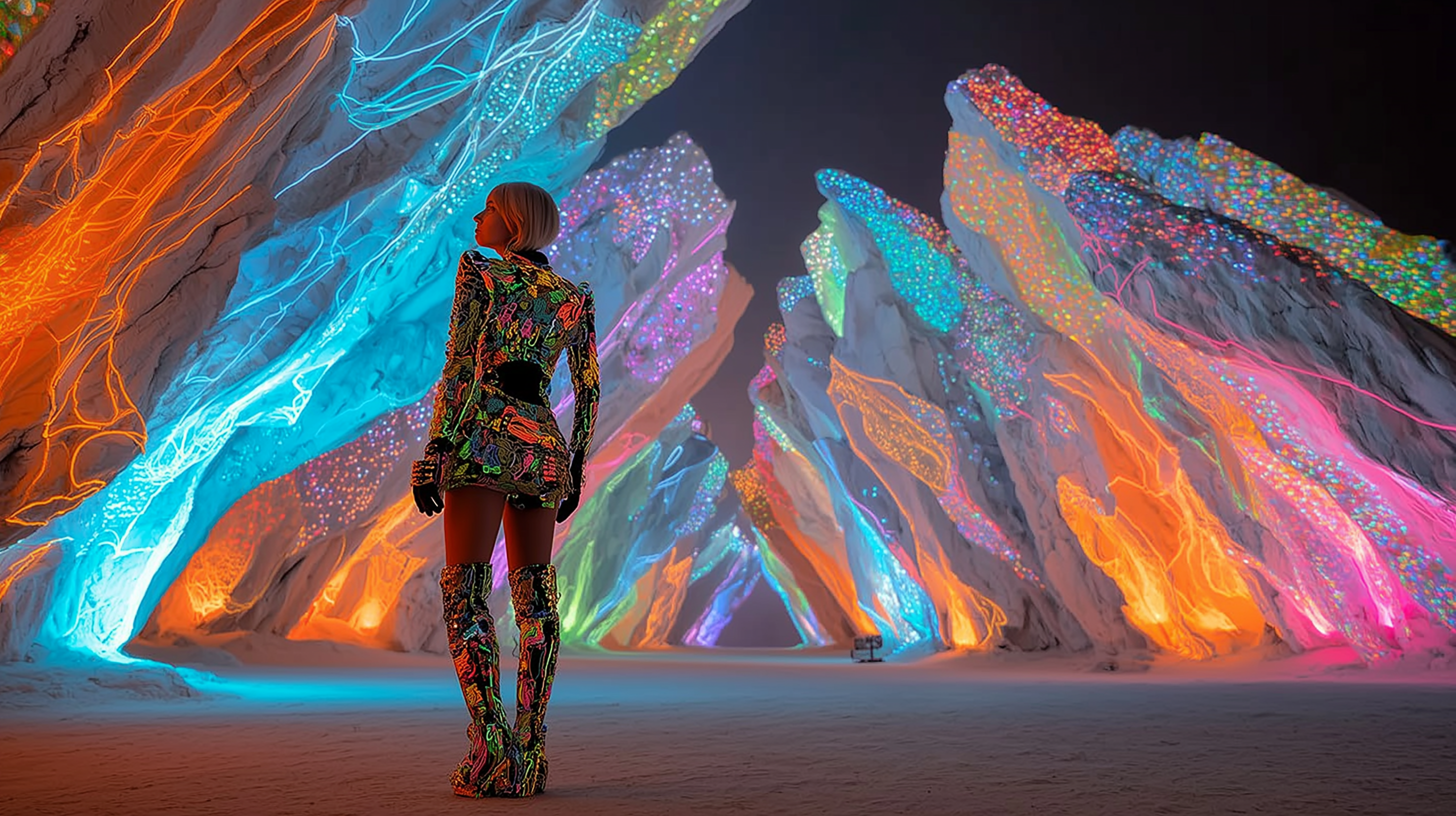 Person standing before towering neon crystal formations in desert