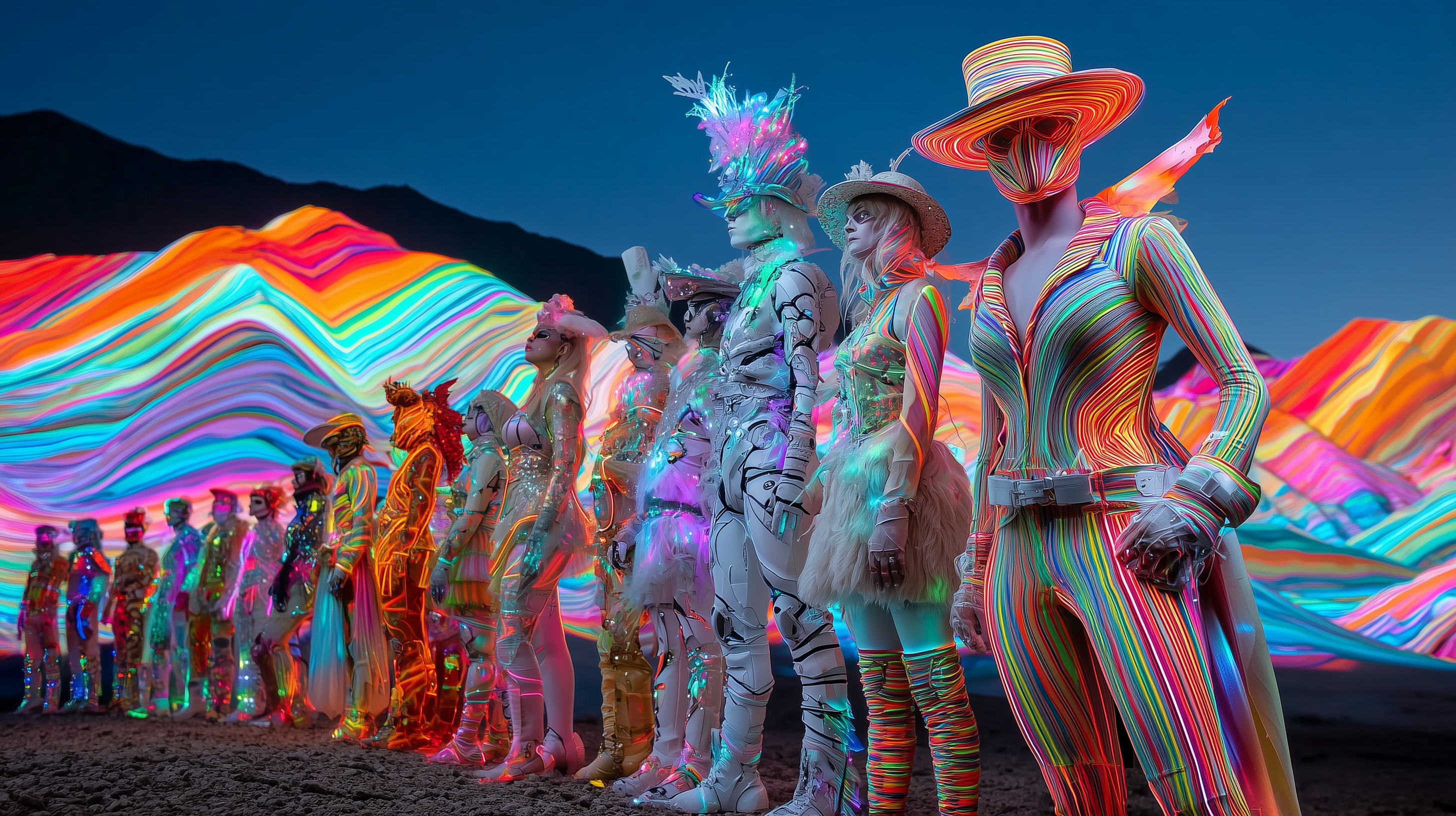 Neon-painted robot figures lined up in desert at twilight