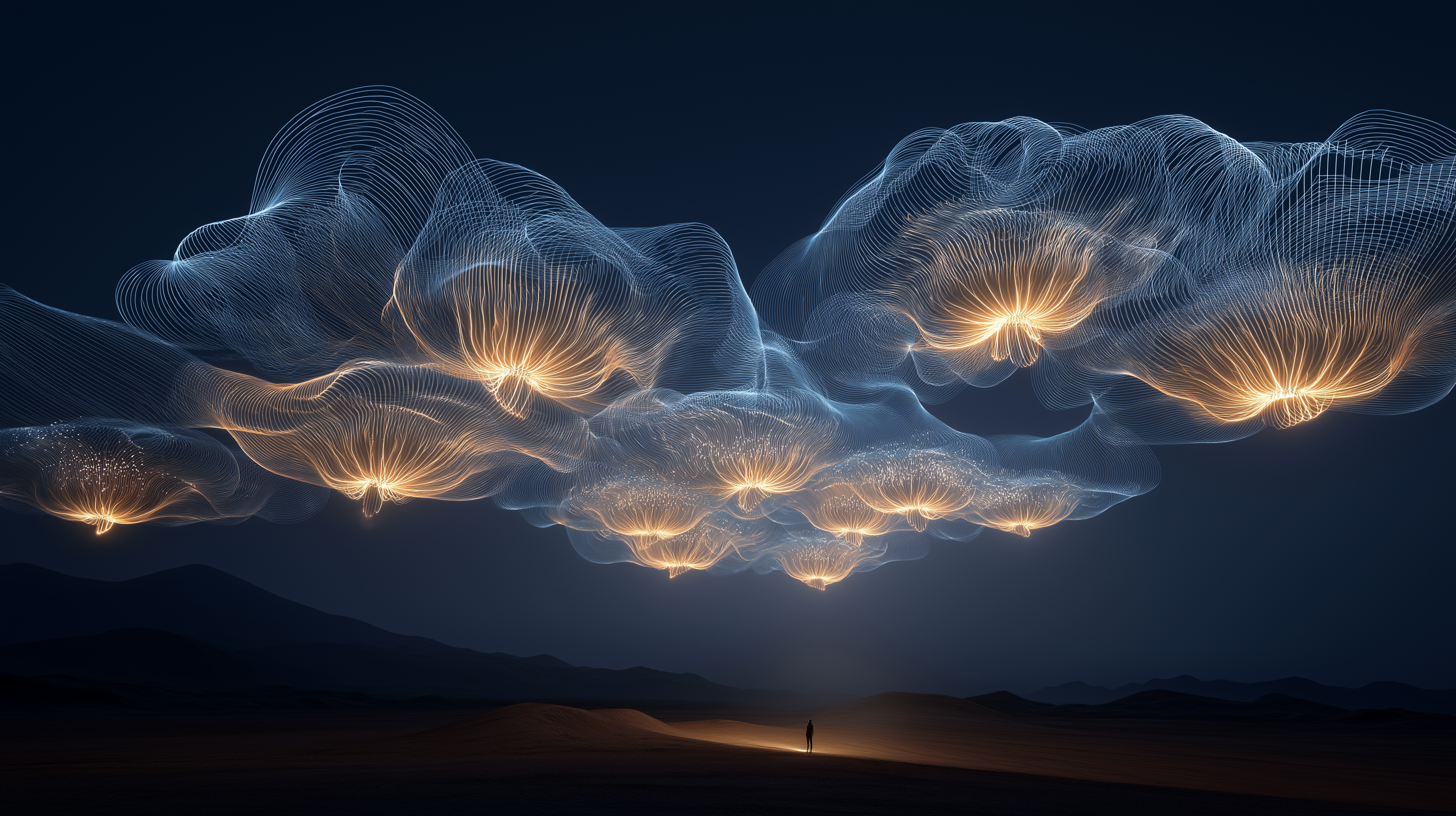 Ethereal luminous cloud formations with golden light over desert