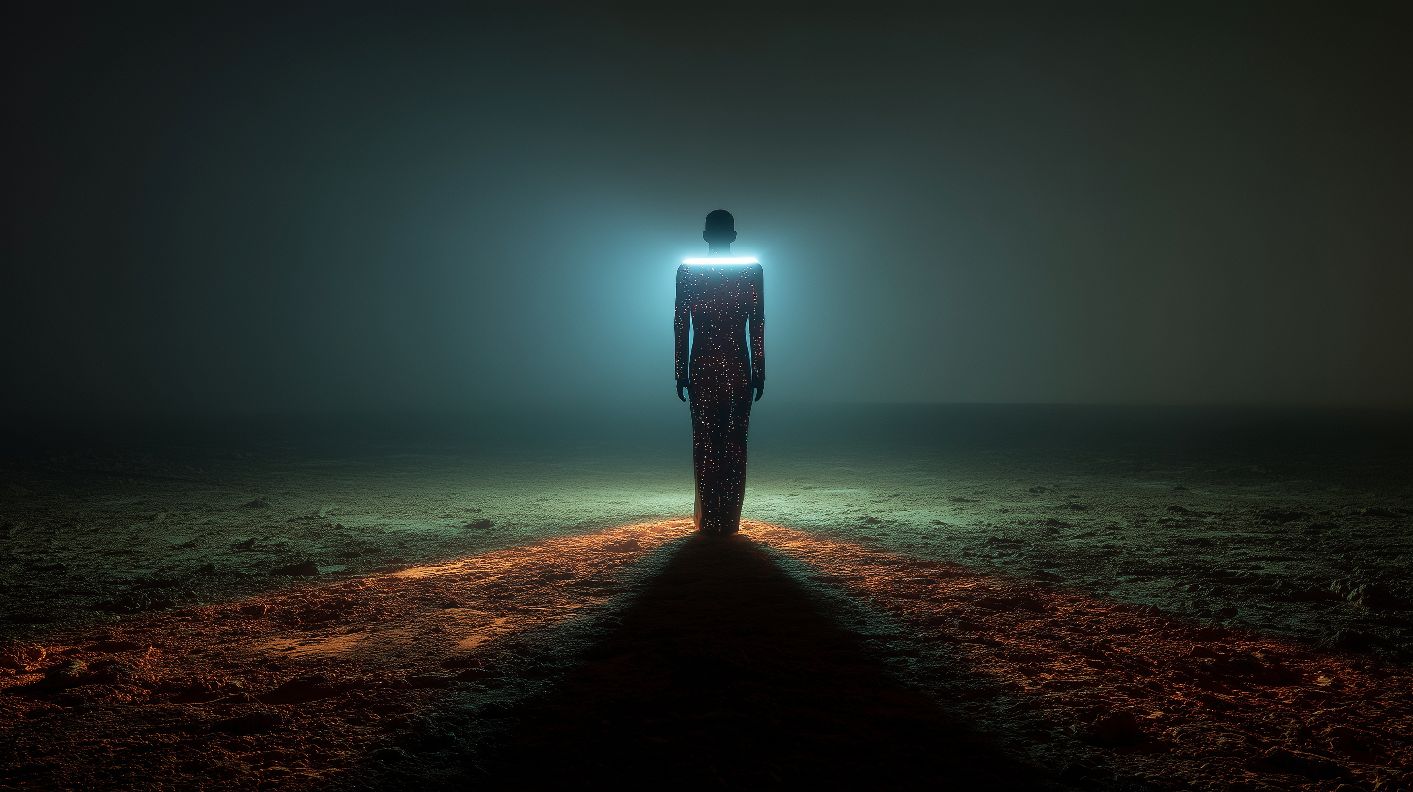Lone dark figure with glowing visor emerging from desert fog
